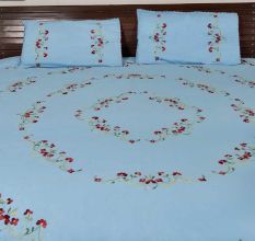 Light Blue Cotton Embroidered Red Flowers Double Bedsheet With Two Matching Pillow Covers